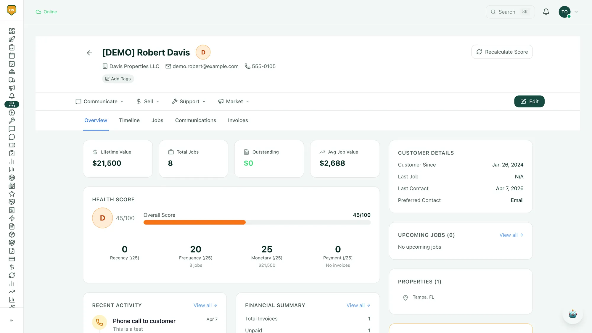 Customer 360 profile showing $21,500 lifetime value, 8 jobs, health score with recency/frequency/monetary breakdown, customer details, and recent activity