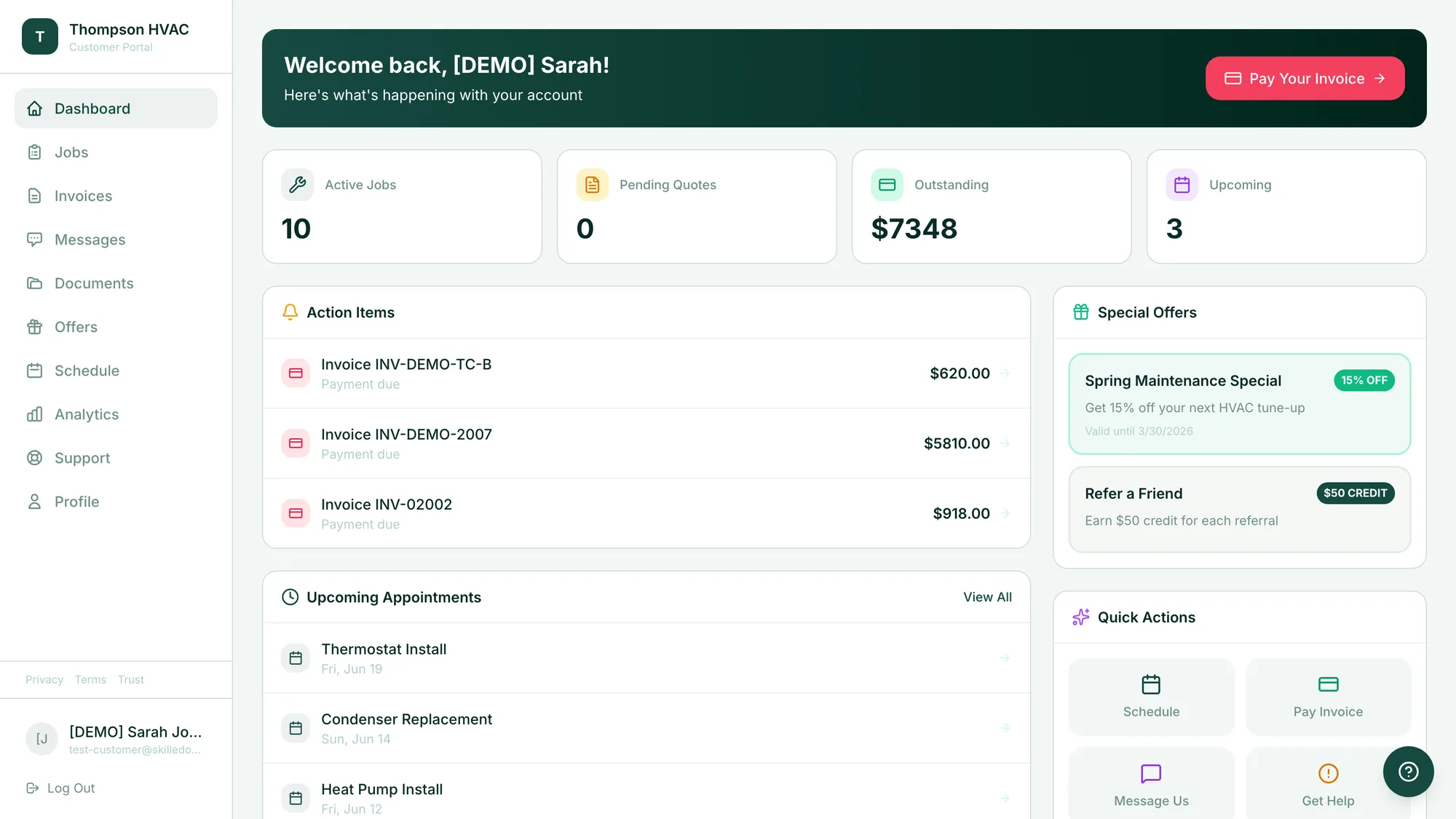 Customer portal dashboard showing active jobs, outstanding balance, action-item invoices, upcoming appointments, special offers, and quick actions