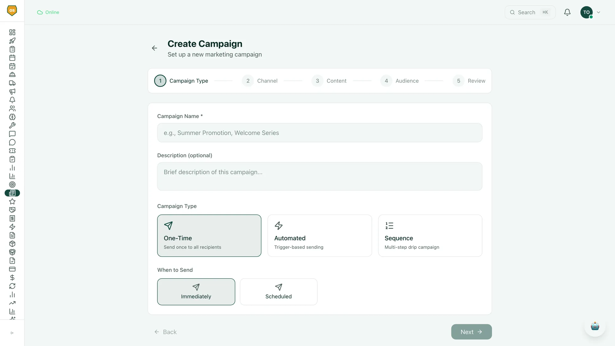 Marketing automation campaign builder showing the step-by-step create-campaign flow with type, channel, content, audience, and review