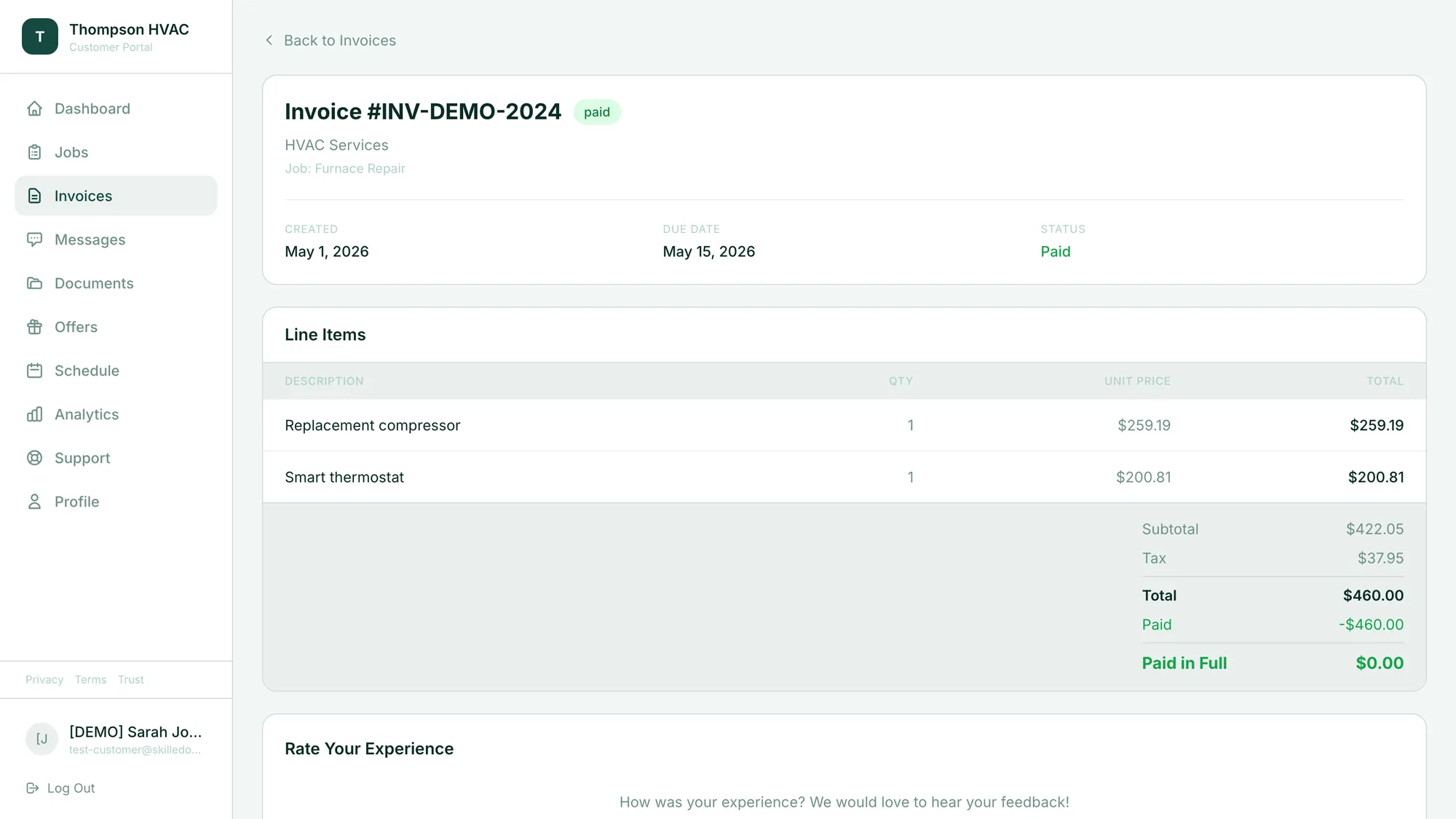 Invoice detail showing line items (replacement compressor, smart thermostat), subtotal, tax, total, and Paid in Full status